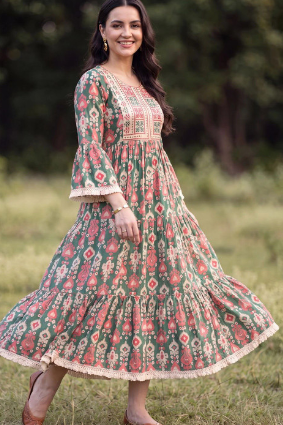 Green Ethnic Print Bell Sleeve Embroidered Tiered Maxi Dress