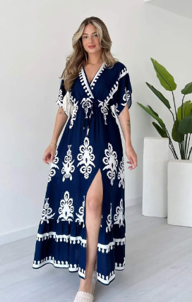 Navy Baroque Print V-Neck Kaftan Slit Maxi Dress