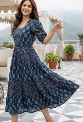 Navy Ethnic Printed Square Neck Tiered Midi Dress