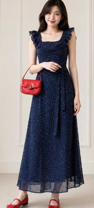 Navy Tiny Polka Dot Square Neck Ruffle Strap Tie Waist Maxi Dress
