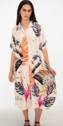 Cream Crane Tropical Leaf Print Loose Shirt Midi Dress