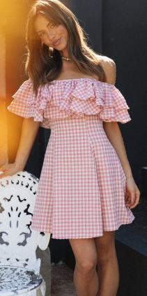 Pink Gingham Off Shoulder Double Ruffle A-Line Mini Dress