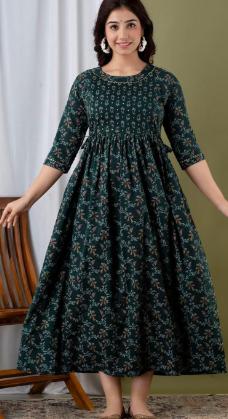 Dark Green Ethnic Floral Round Neck 3/4 Sleeve Gathered Waist Flared Midi Kurta Dress