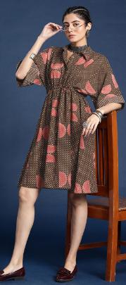 Brown Half-Circle Geometric Print Collared Drawstring Waist Shirt Mini Dress