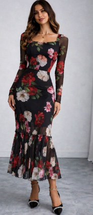 Black Rose Floral Square Neck Sheer Mesh Long Sleeve Mermaid Bodycon Midi Dress