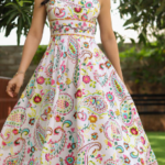 White Paisley Floral Sweetheart Spaghetti Strap Full Swing Midi Dress