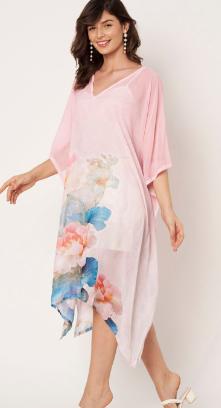 Light Pink Watercolor Floral V-Neck Batwing Sleeve Asymmetric Hem Kaftan Midi Dress