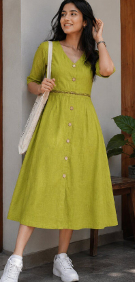 Lime Green V-Neck Button Down Lace Waist Cotton Midi Dress