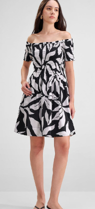 Black & White Leaf Print Off Shoulder Puff Sleeve A-Line Mini Dress