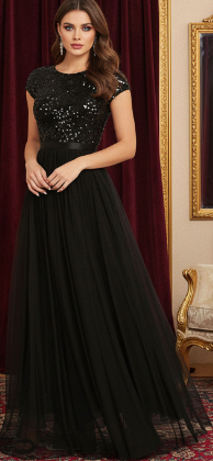 Black Sequin Bodice Tulle Maxi Evening Gown