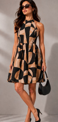 Khaki & Black Geometric Block Halter Neck Fit & Flare Mini Dress