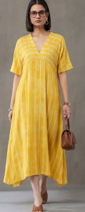 Bright Yellow V-Neck Vertical Embroidered Stripe Asymmetric Hem Midi Dress