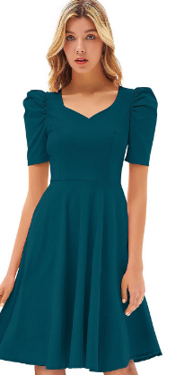 Teal Sweetheart Neck Puff Short Sleeve Fit & Flare Mini Dress