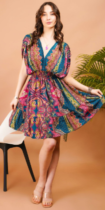Multicolor Paisley V-Neck Batwing Sleeve Elastic Waist Boho Mini Dress