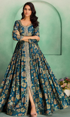 Peacock Blue Vintage Floral Round Neck 3/4 Sleeve Slit Anarkali Maxi Gown
