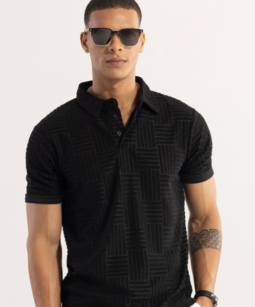 Black Self Design Polo Collar Slim Fit T-shirt