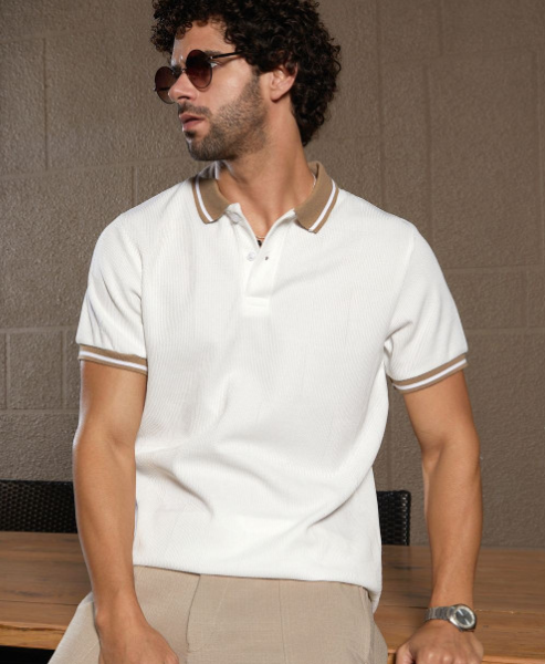 Men Self Design Polo Collar Cotton T-shirt