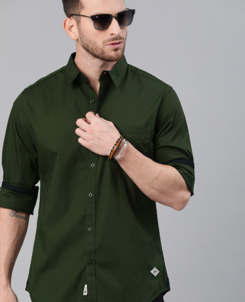 Men Olive Green Cotton Casual Shirt