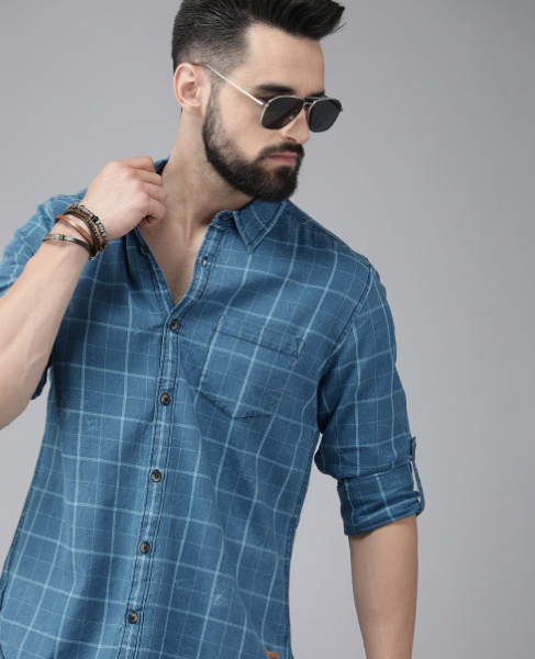 Men Blue Pure Cotton Checked Casual Shirt