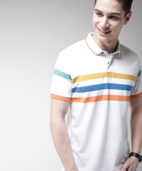Men White Striped Polo Collar T-shirt