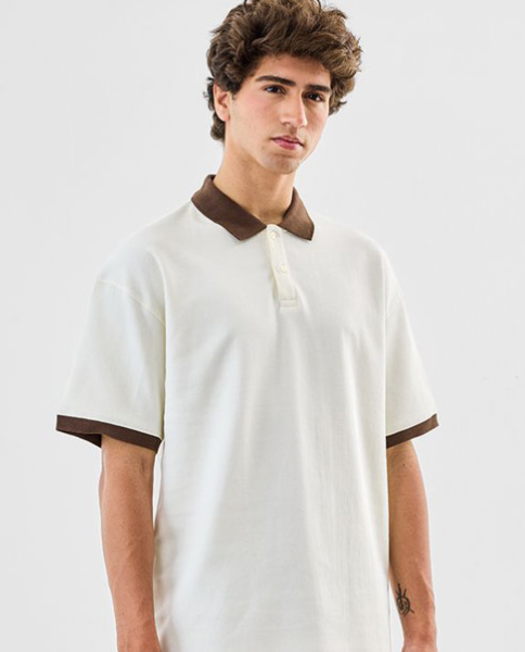 Oversized Polo Collar Drop-Shoulder Sleeves Pure Cotton T-Shirt