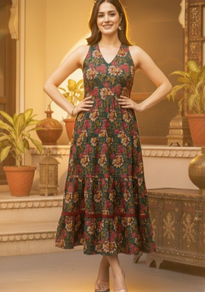 Dark Green Vintage Floral Print Sleeveless V-Neck Tiered Midi Dress